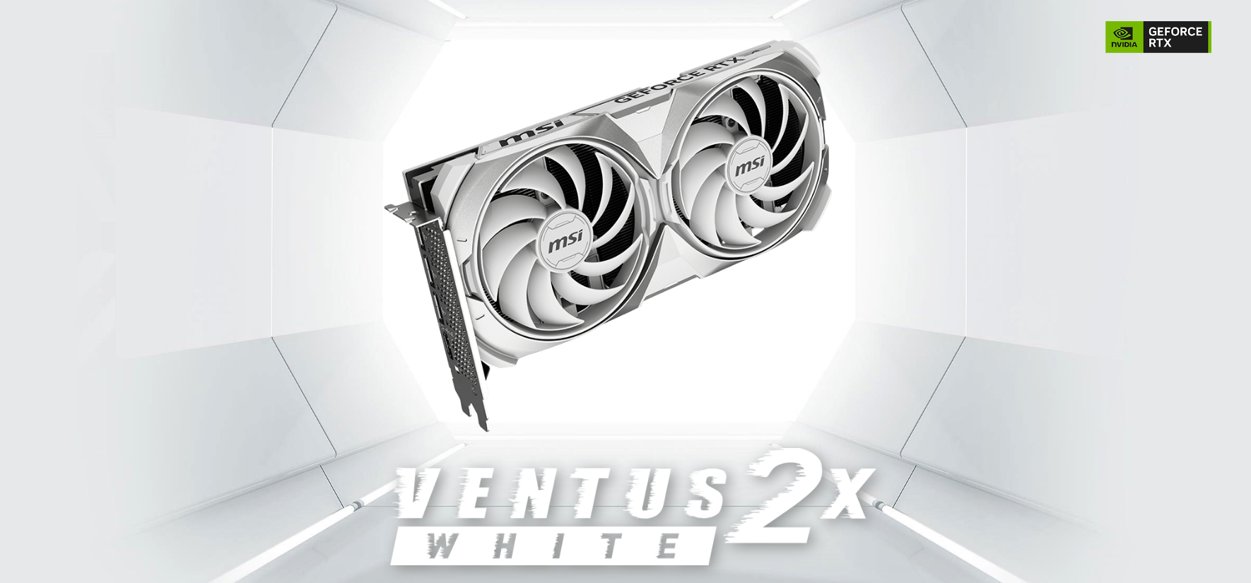 A large marketing image providing additional information about the product MSI GeForce RTX 4070 SUPER Ventus 2X OC 12GB GDDR6X - White - Additional alt info not provided